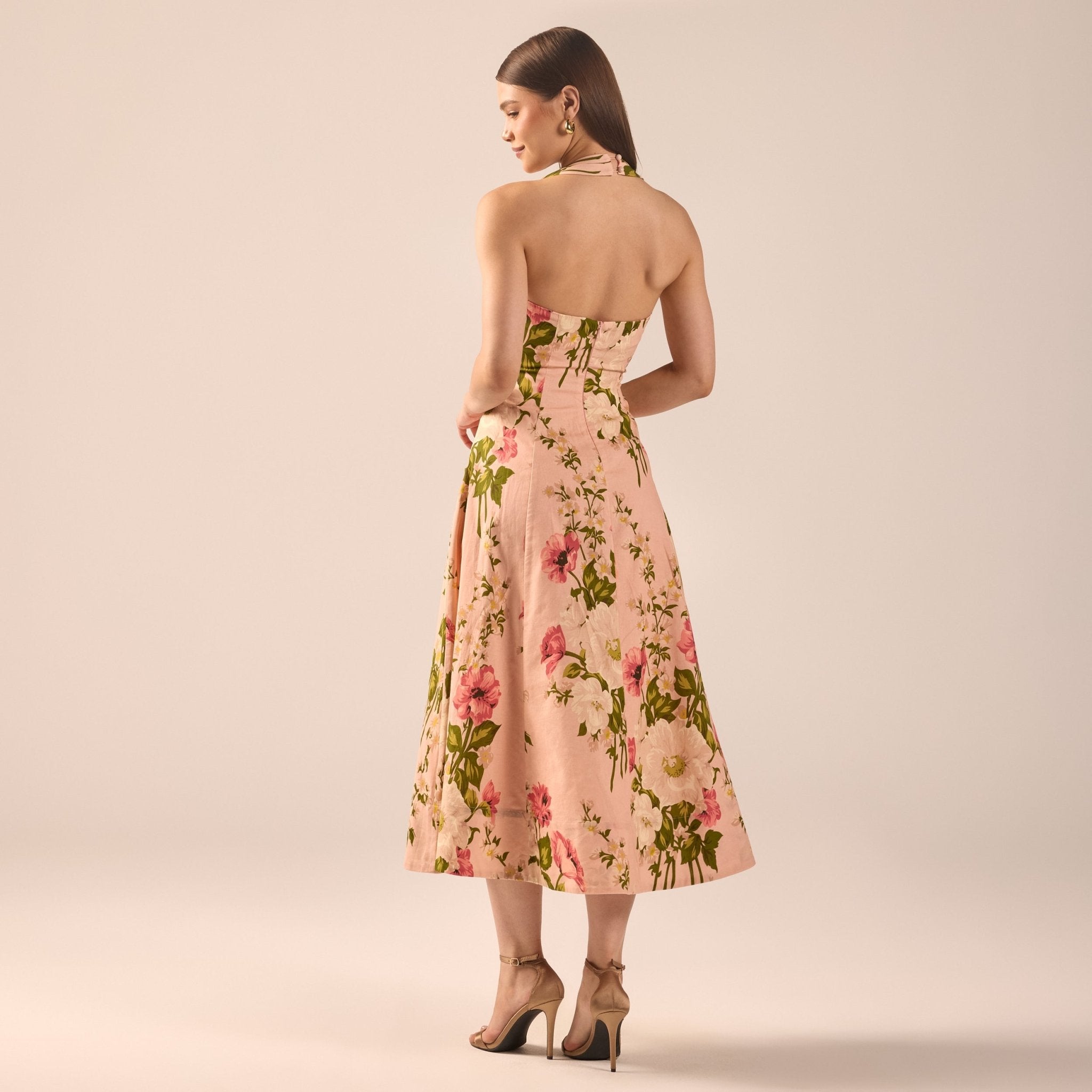 Floral Halter Linen Blend Midi Dress - shopaleena
