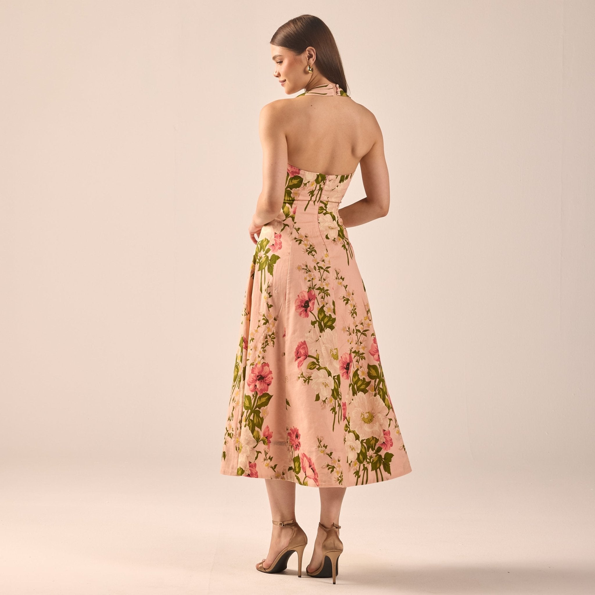 Floral Halter Linen Blend Midi Dress - shopaleena