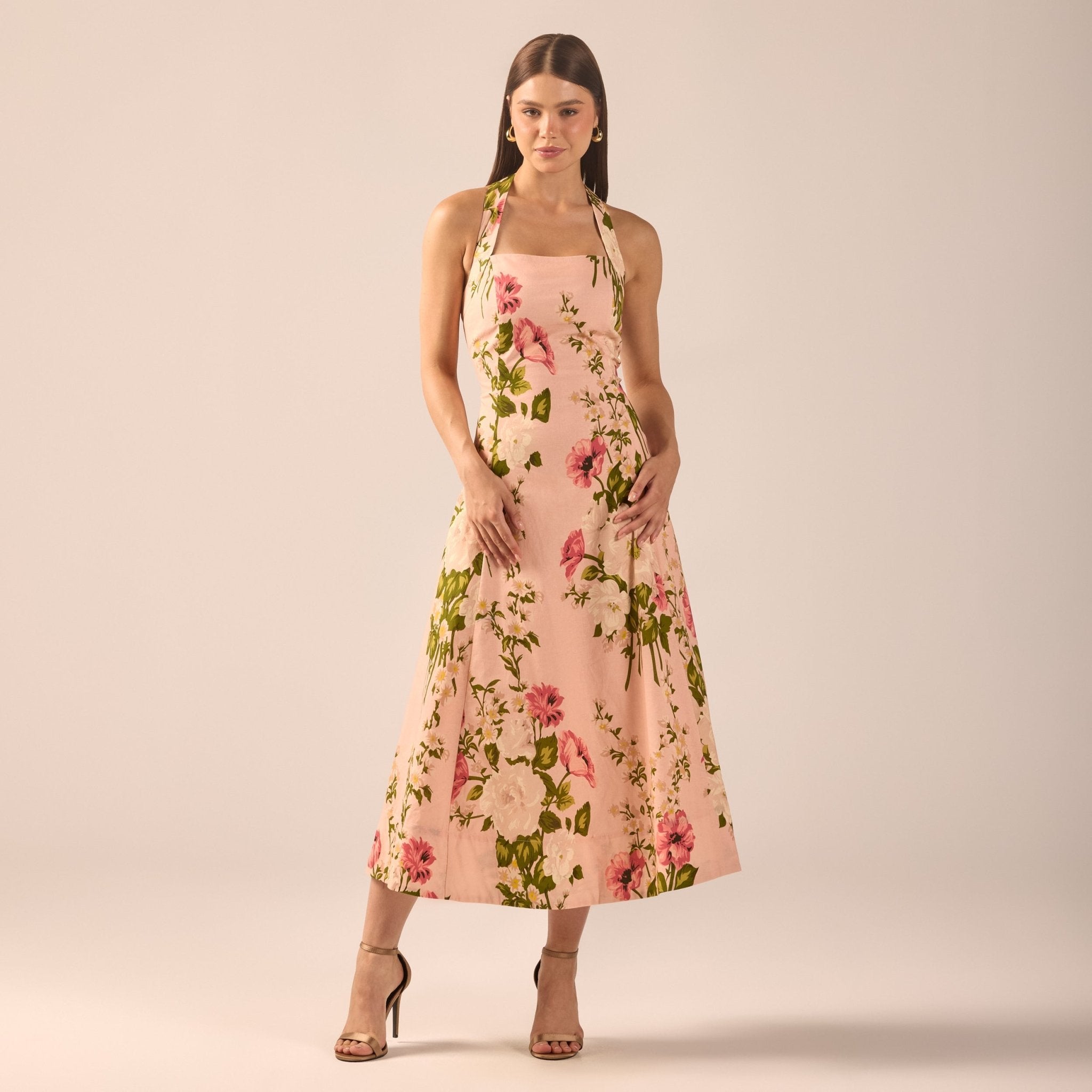 Floral Halter Linen Blend Midi Dress - shopaleena