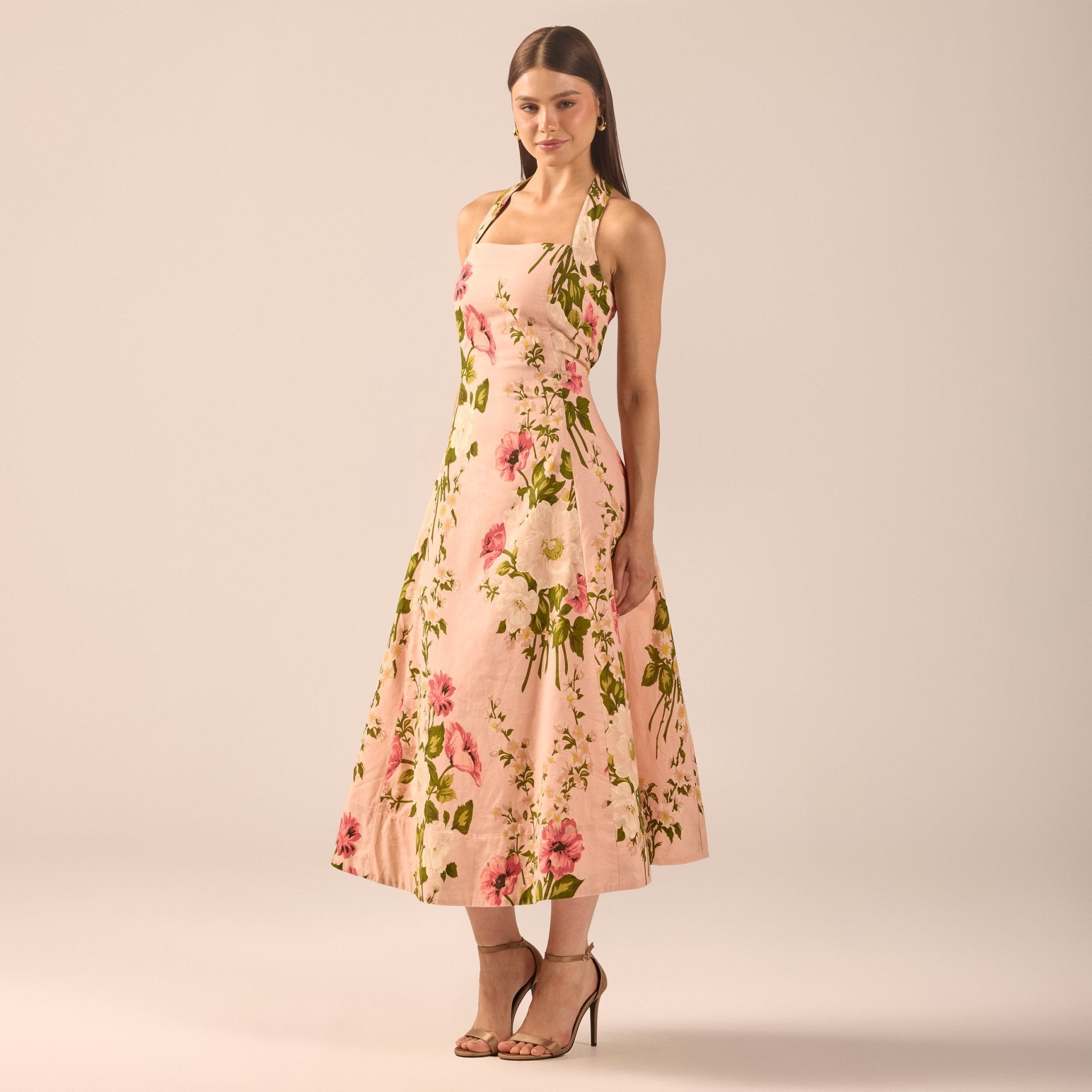 Floral Halter Linen Blend Midi Dress - shopaleena