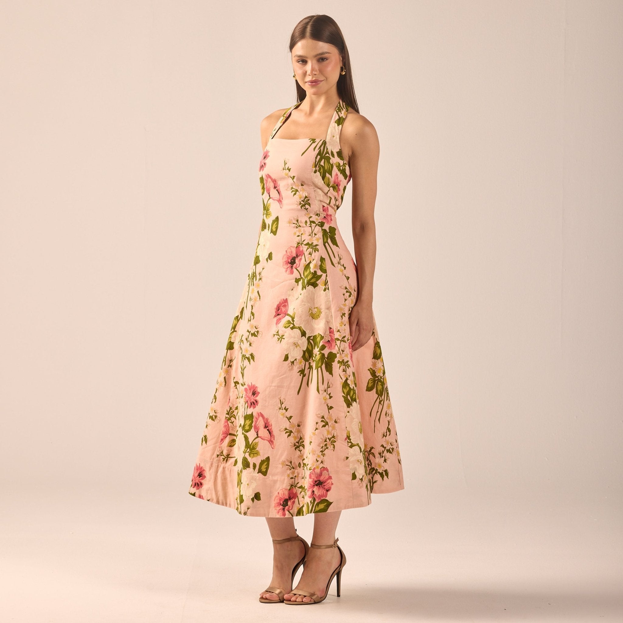Floral Halter Linen Blend Midi Dress - shopaleena