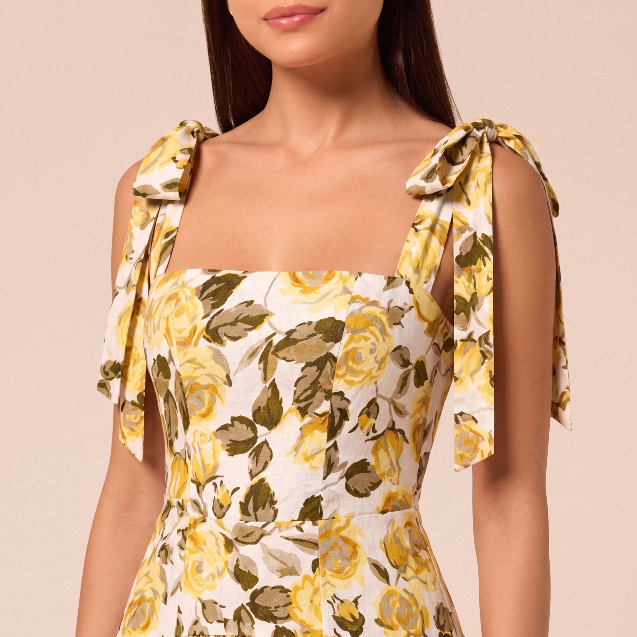 Floral Tie-strap Linen Midi Dress - shopaleena