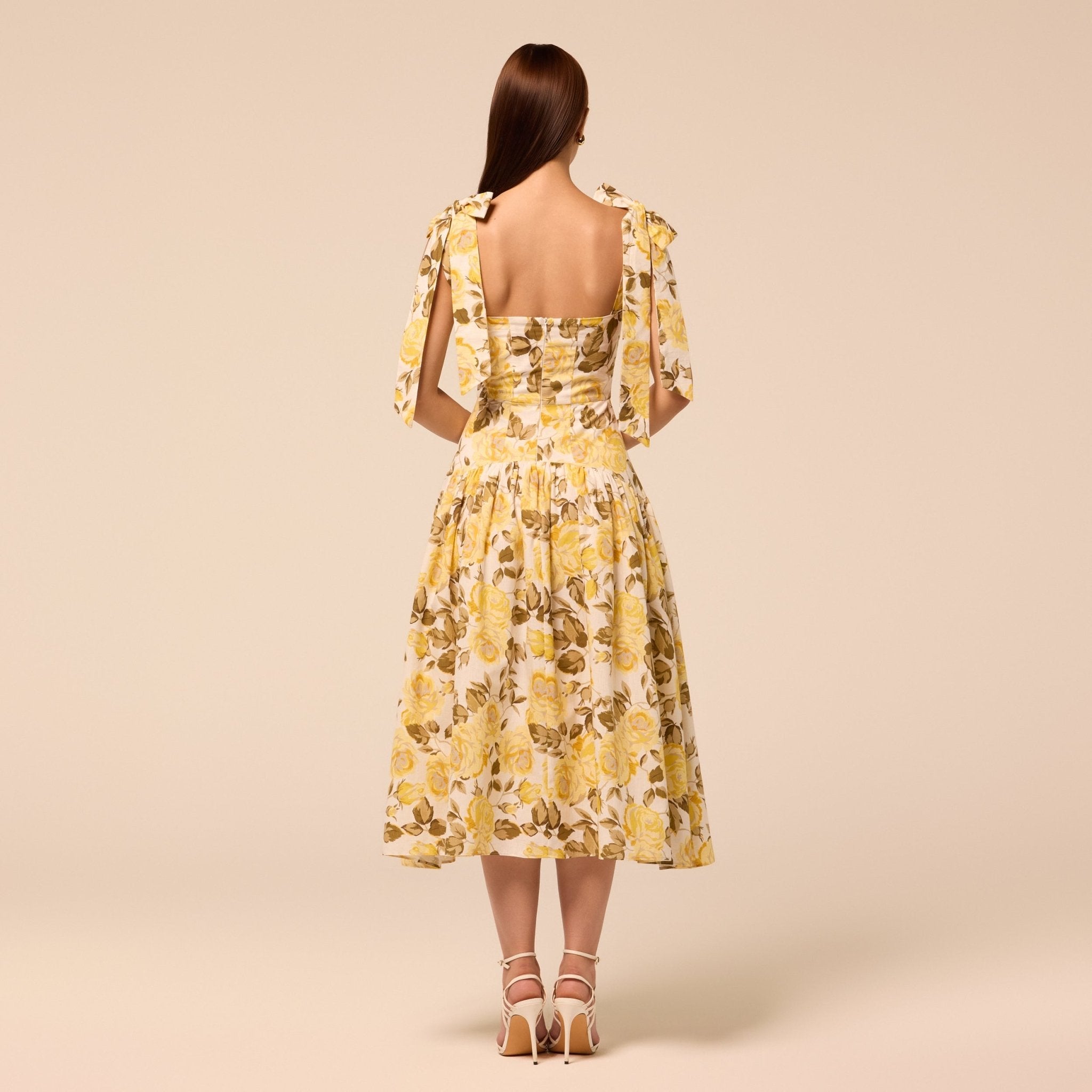 Floral Tie-strap Linen Midi Dress - shopaleena