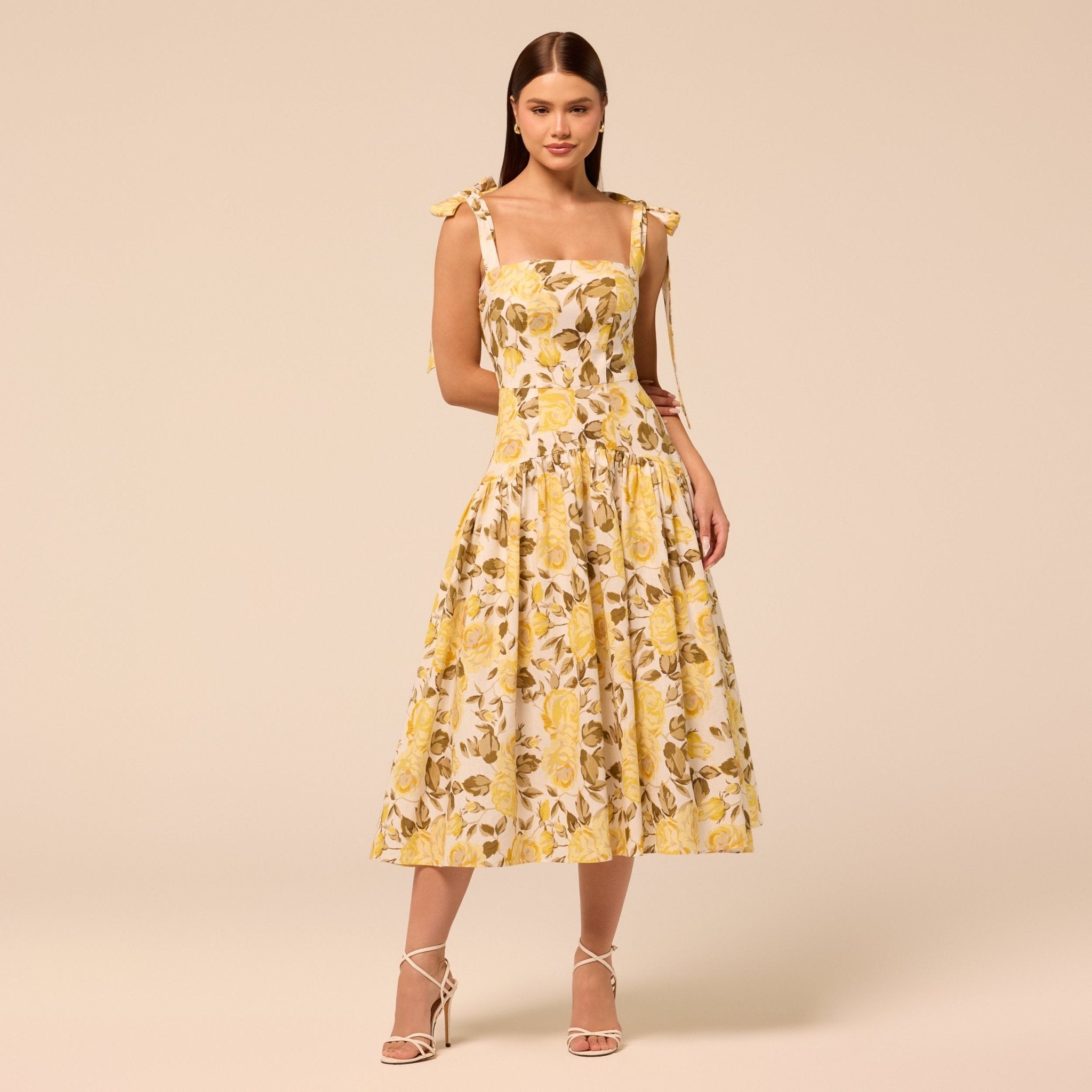 Floral Tie-strap Linen Midi Dress - shopaleena