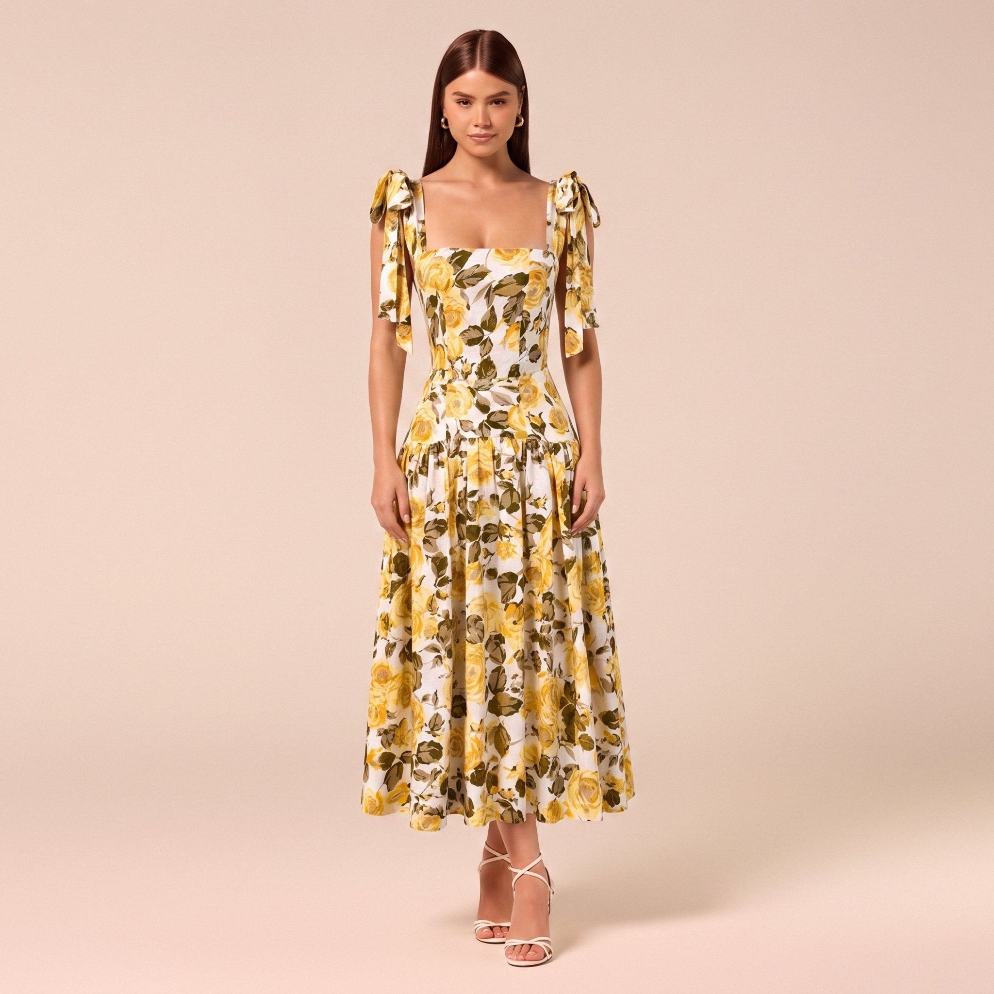 Floral Tie-strap Linen Midi Dress - shopaleena