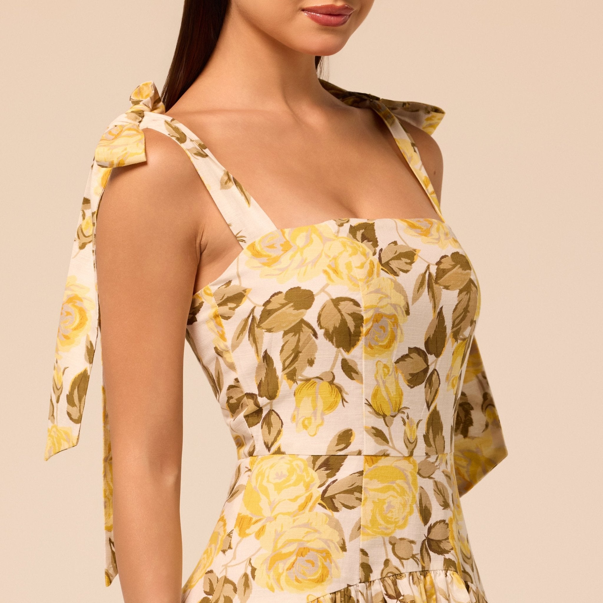 Floral Tie-strap Linen Midi Dress - shopaleena