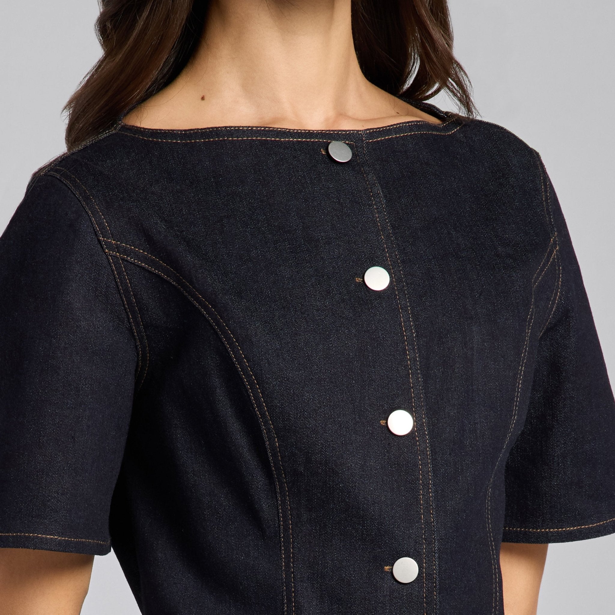 Front Slit Button Denim Top - shopaleena