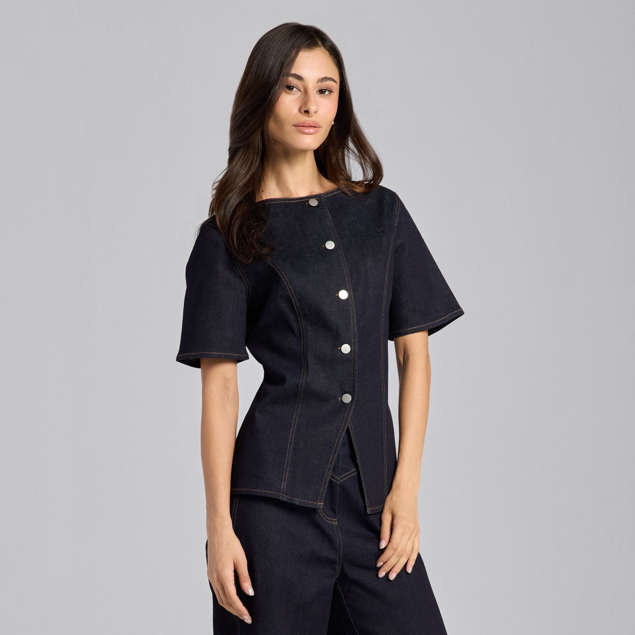 Front Slit Button Denim Top - shopaleena