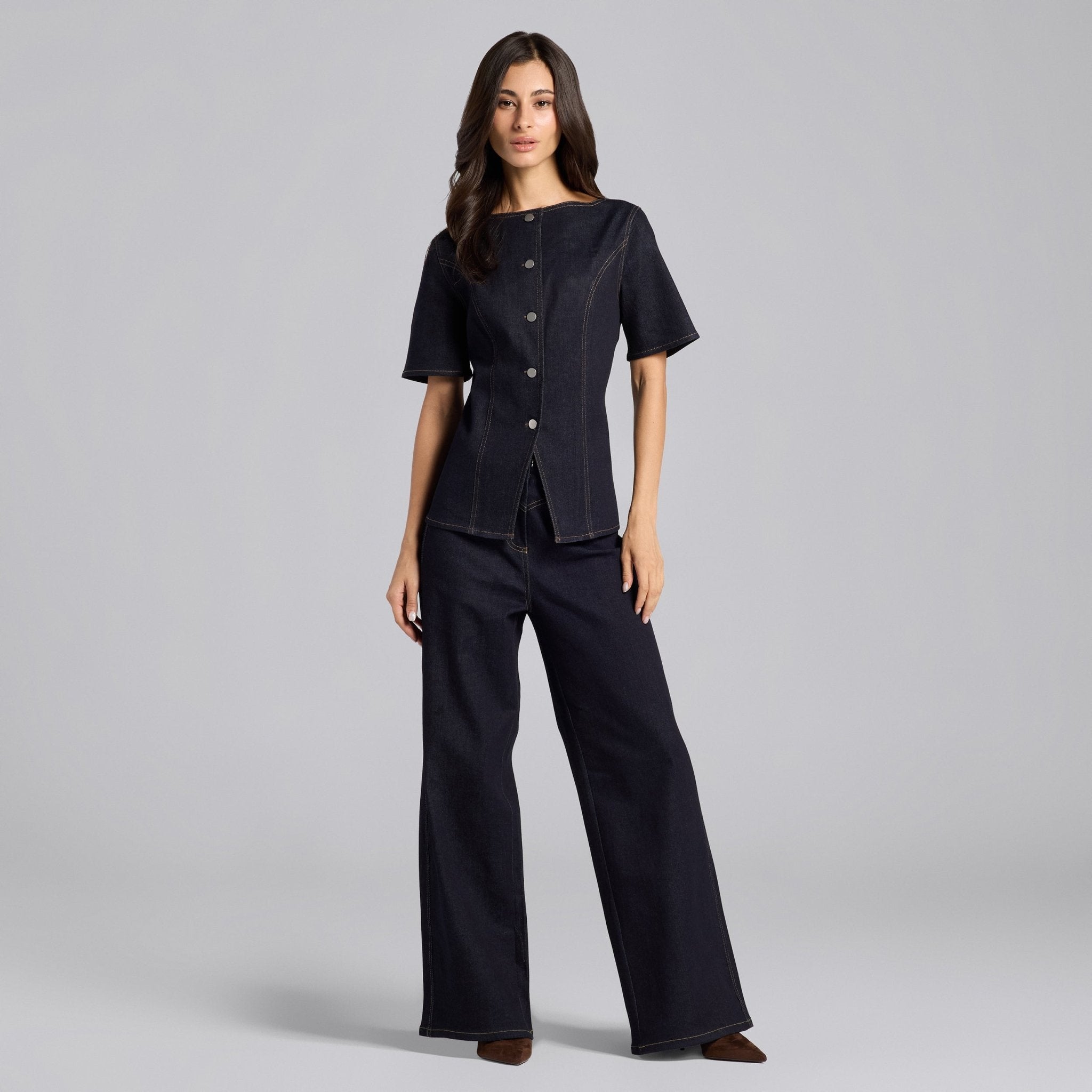 Front Slit Button Denim Top - shopaleena