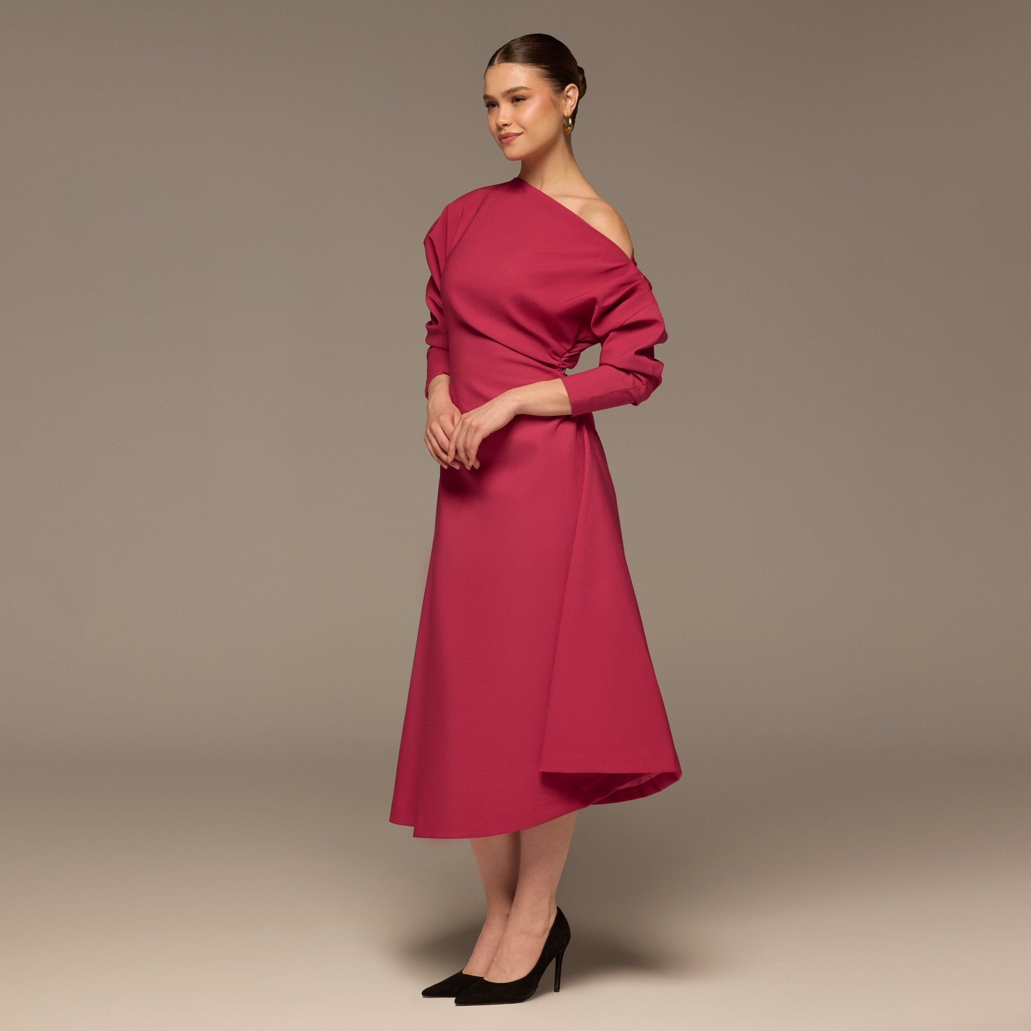 Fuchsia Asymmetric Off Shoulder Maxi Dress - shopaleena