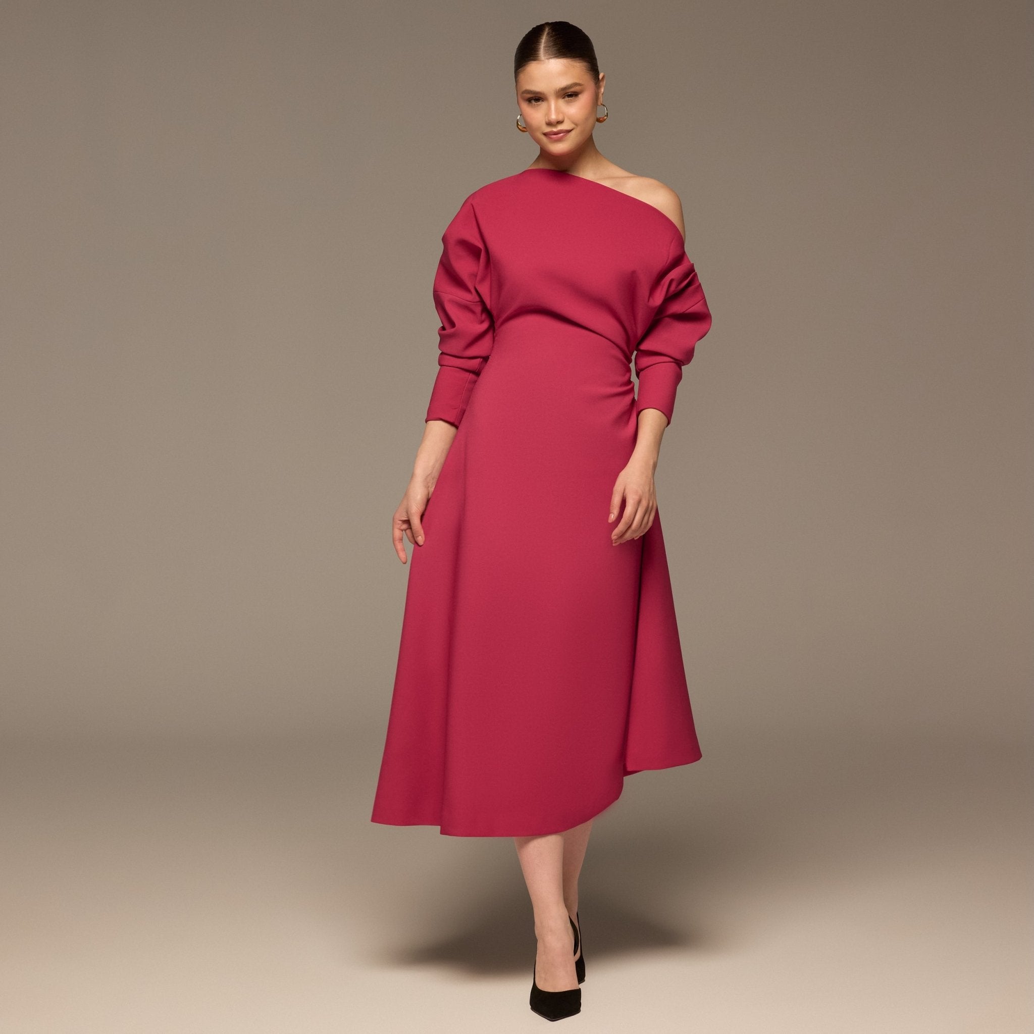 Fuchsia Asymmetric Off Shoulder Maxi Dress - shopaleena