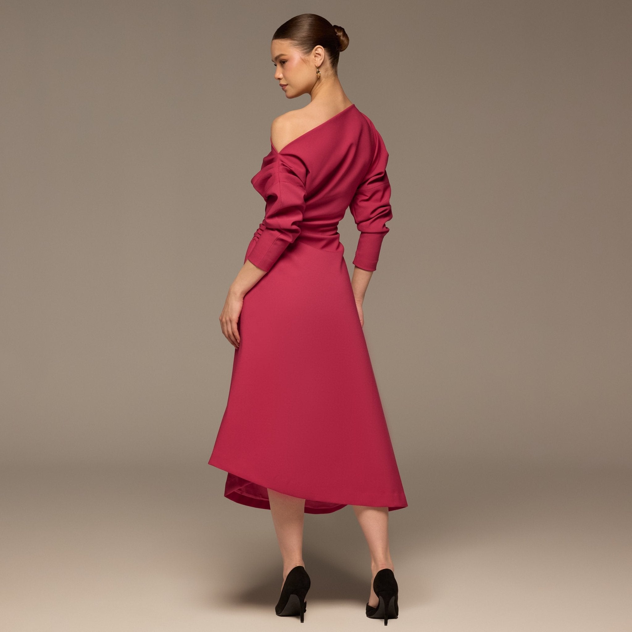 Fuchsia Asymmetric Off Shoulder Maxi Dress - shopaleena