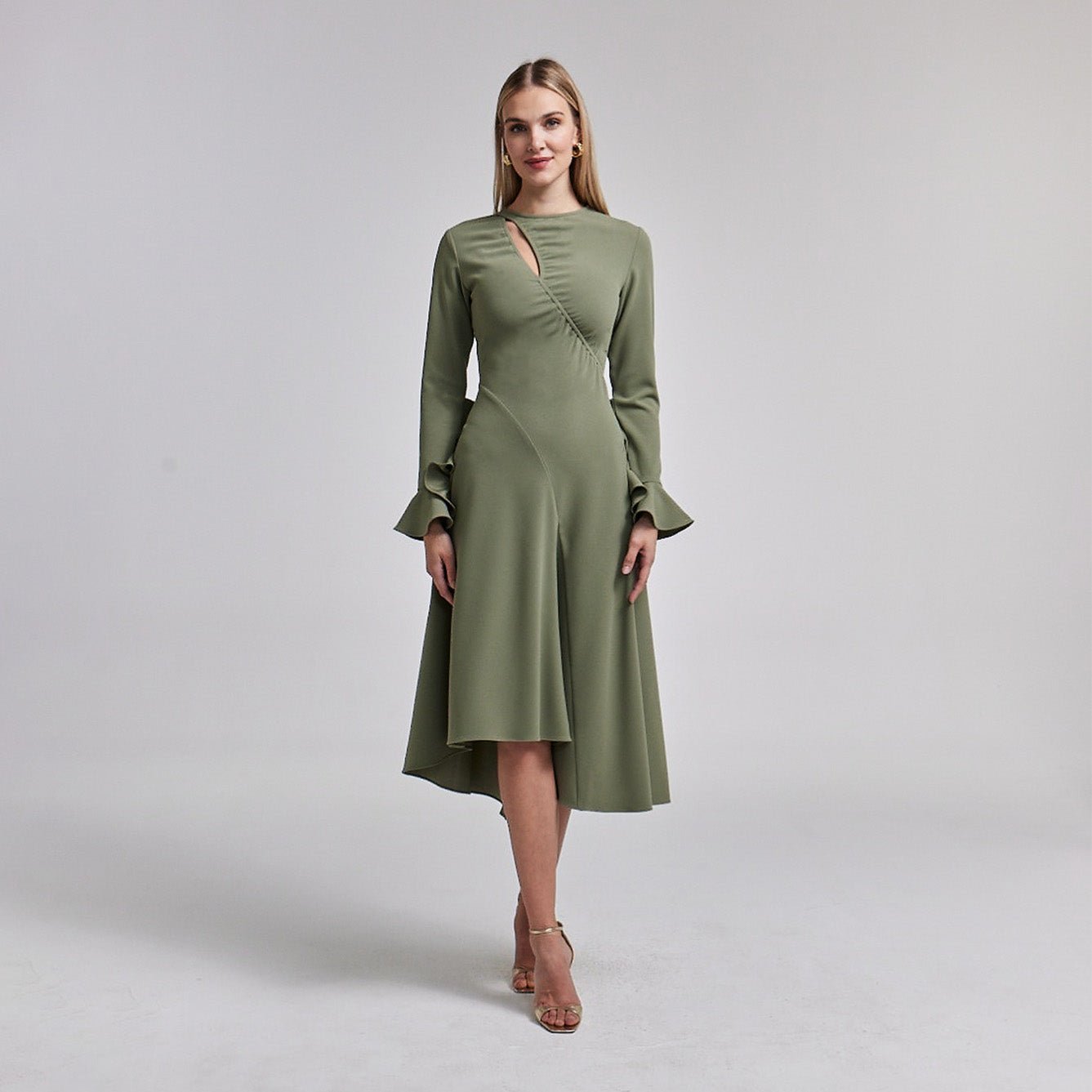 Gathered Chest Crepe Midi Dress - shopaleena