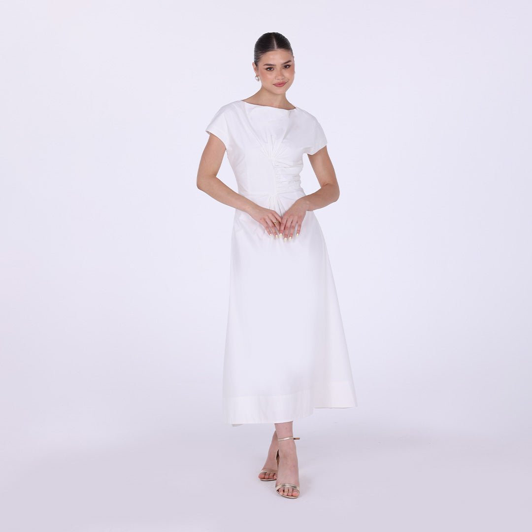 Gathered Waist Maxi Dress with Pleated Satin - shopaleena