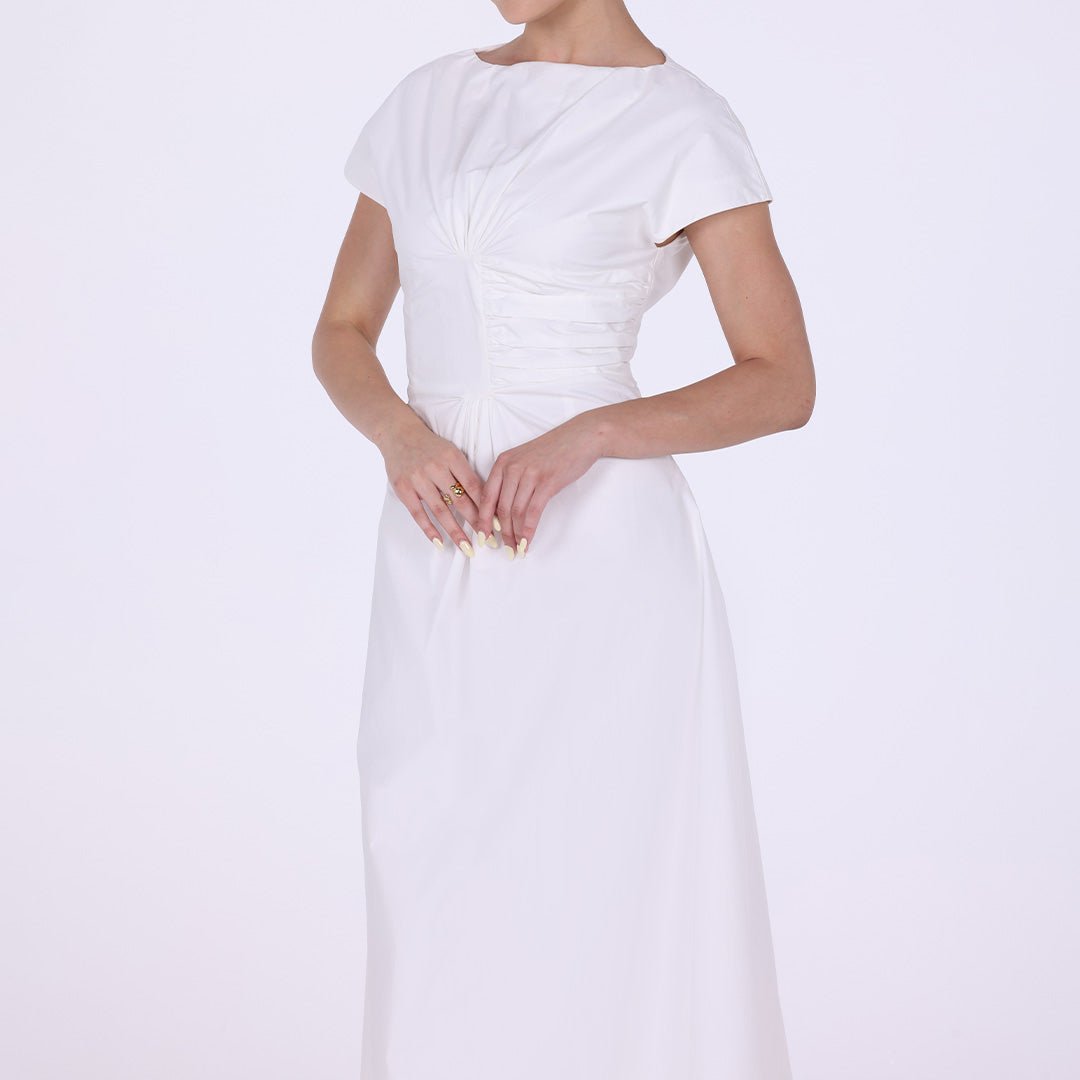 Gathered Waist Maxi Dress with Pleated Satin - shopaleena