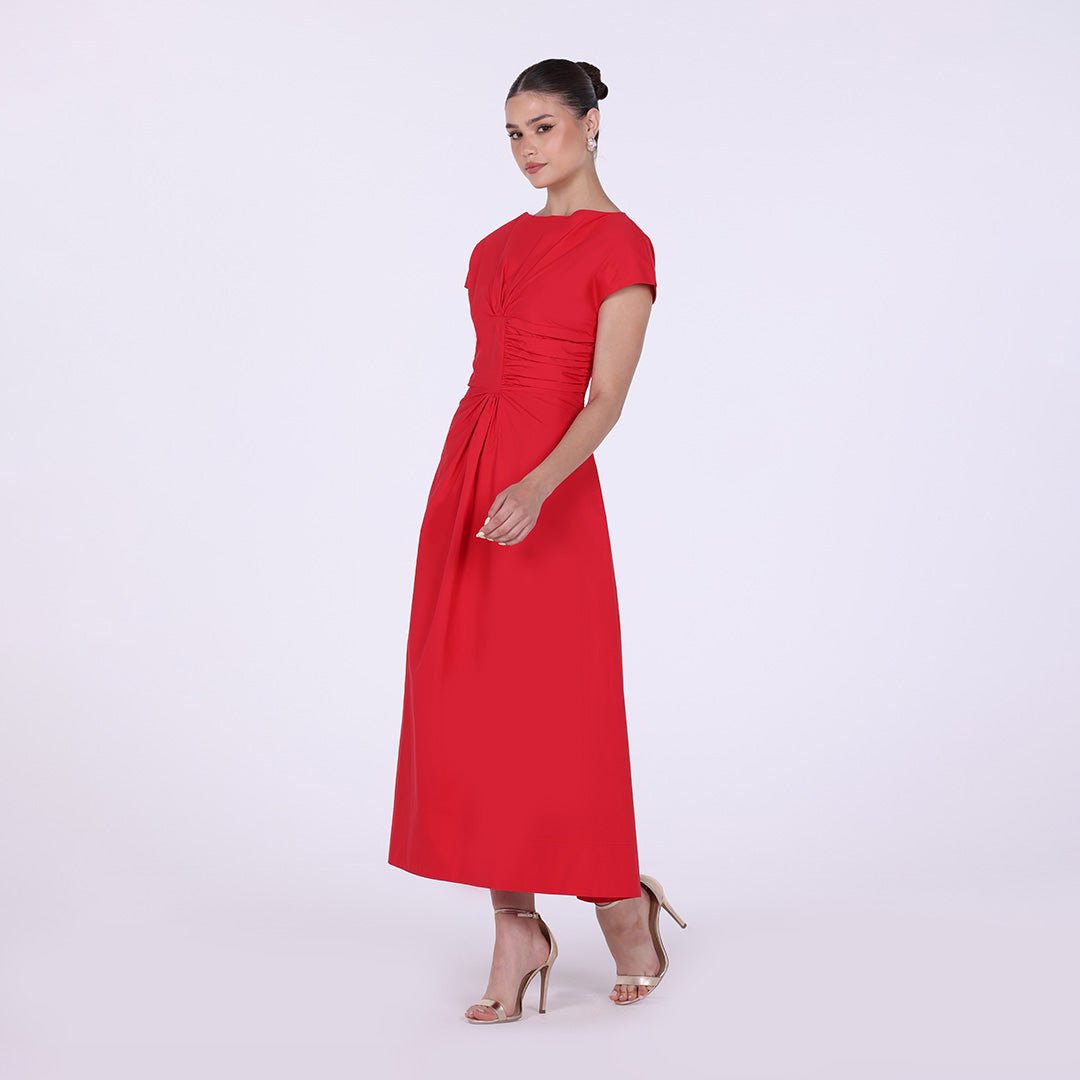 Gathered Waist Maxi Dress with Pleated Satin - shopaleena