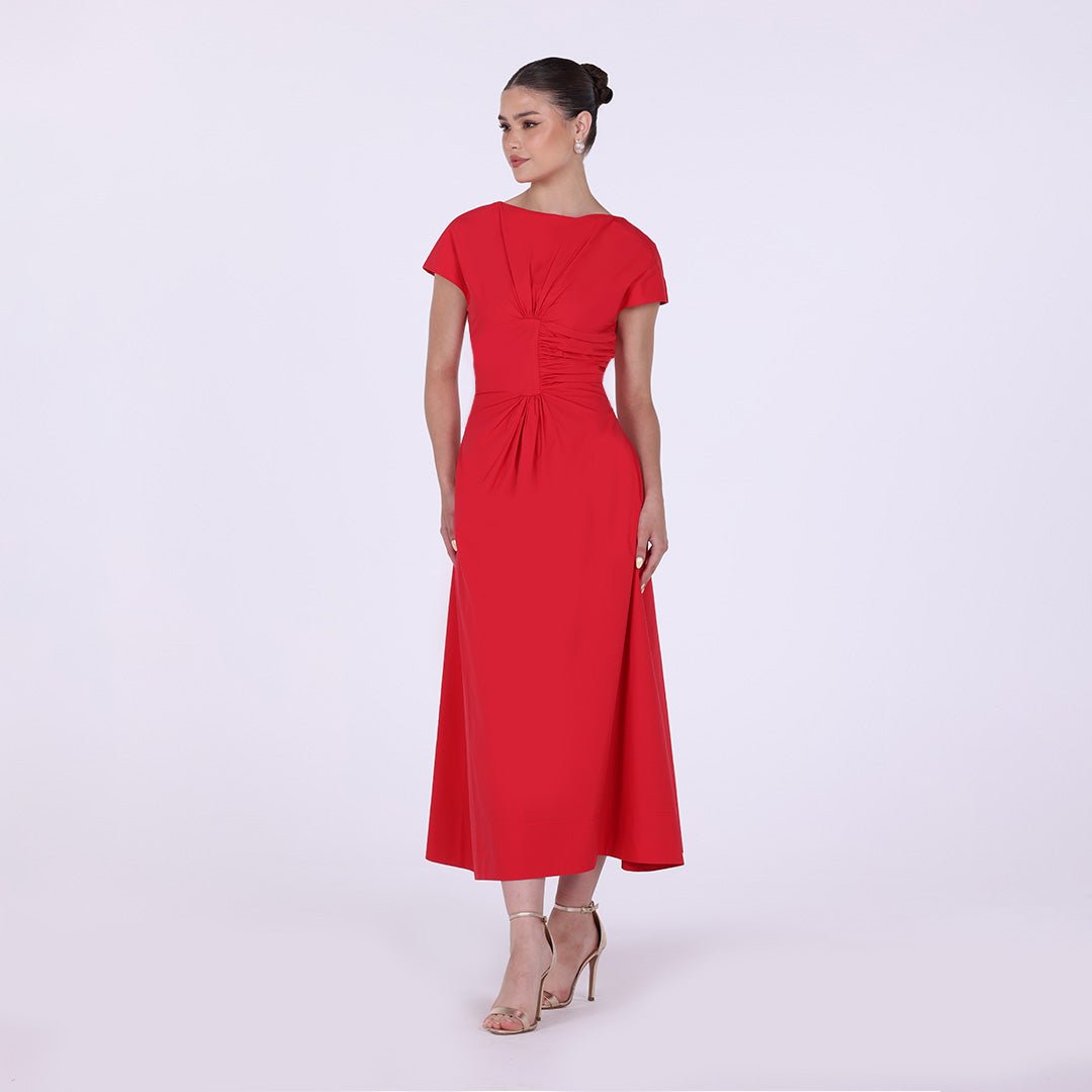 Gathered Waist Maxi Dress with Pleated Satin - shopaleena