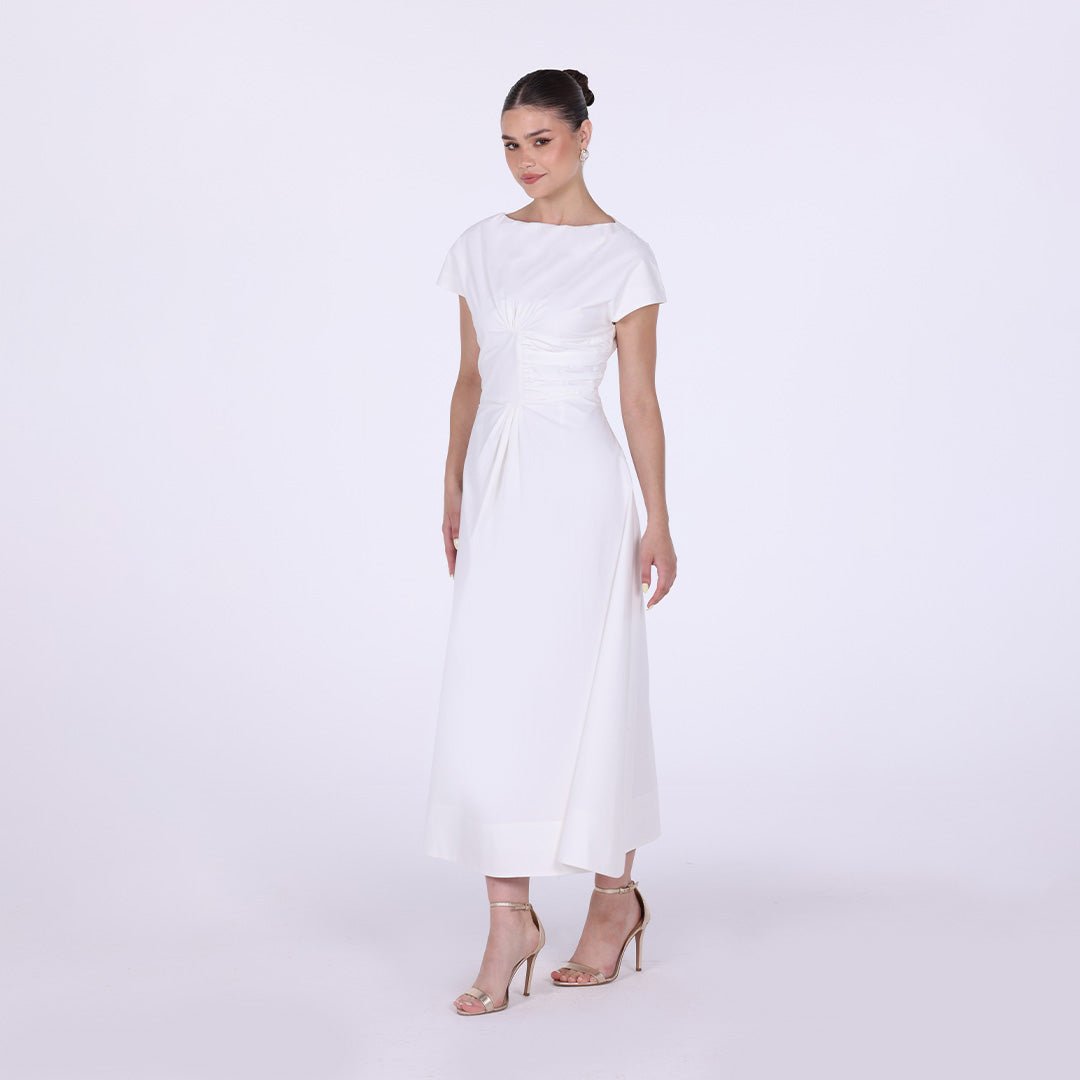 Gathered Waist Maxi Dress with Pleated Satin - shopaleena