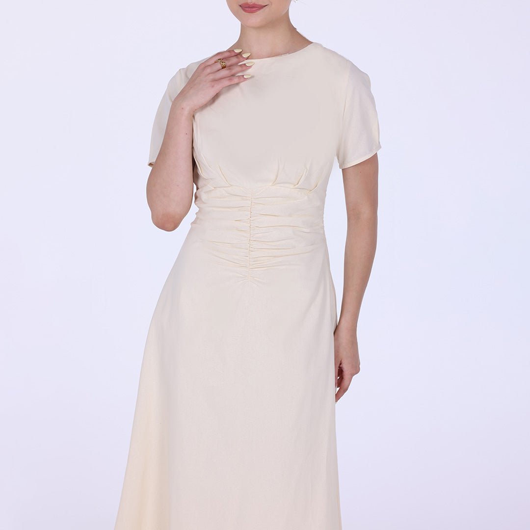 Gathered Waist Short Sleeves Linen Dress - shopaleena