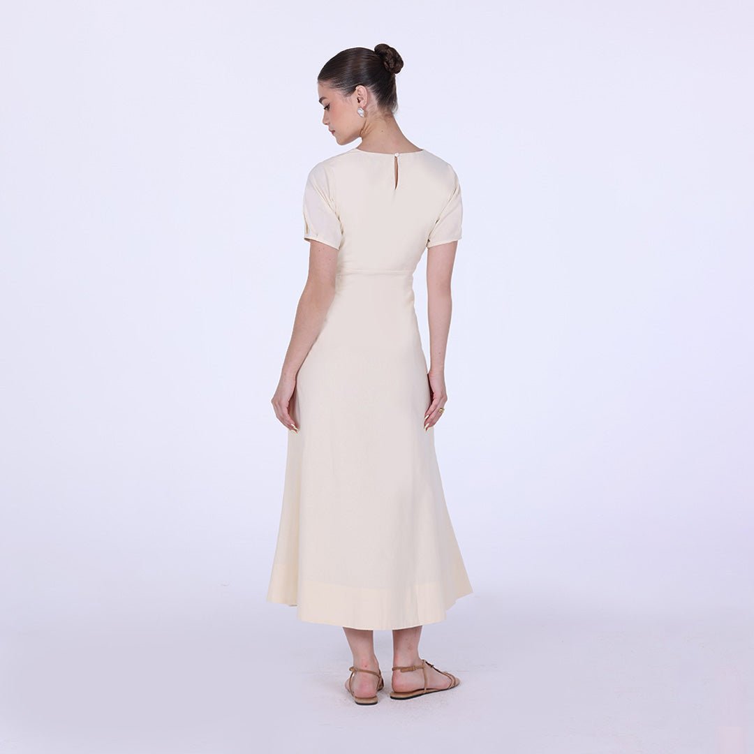 Gathered Waist Short Sleeves Linen Dress - shopaleena