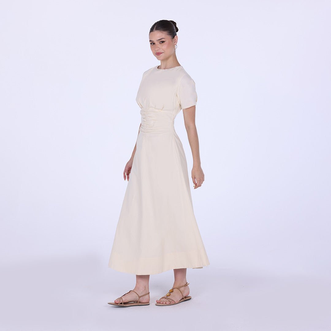 Gathered Waist Short Sleeves Linen Dress - shopaleena