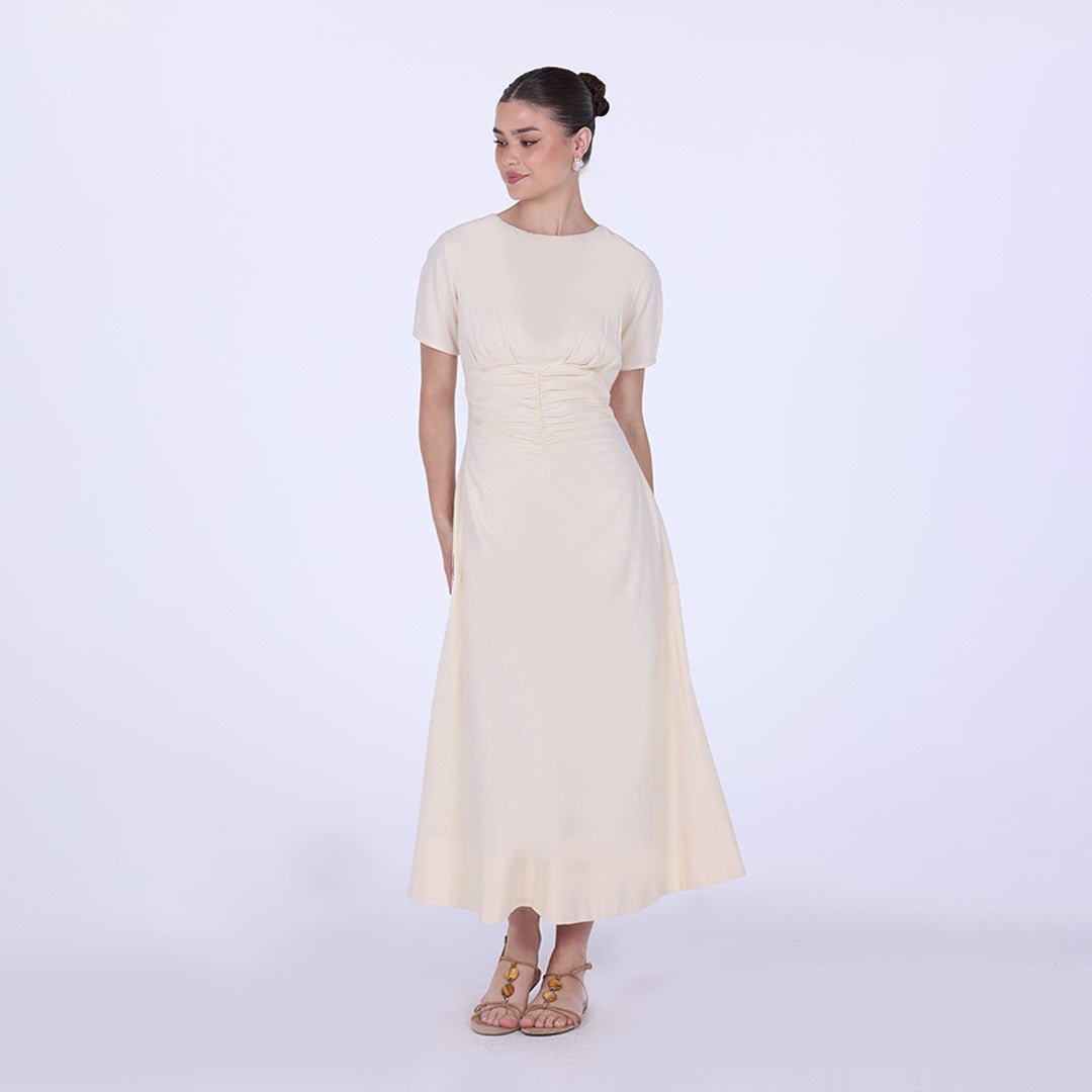 Gathered Waist Short Sleeves Linen Dress - shopaleena