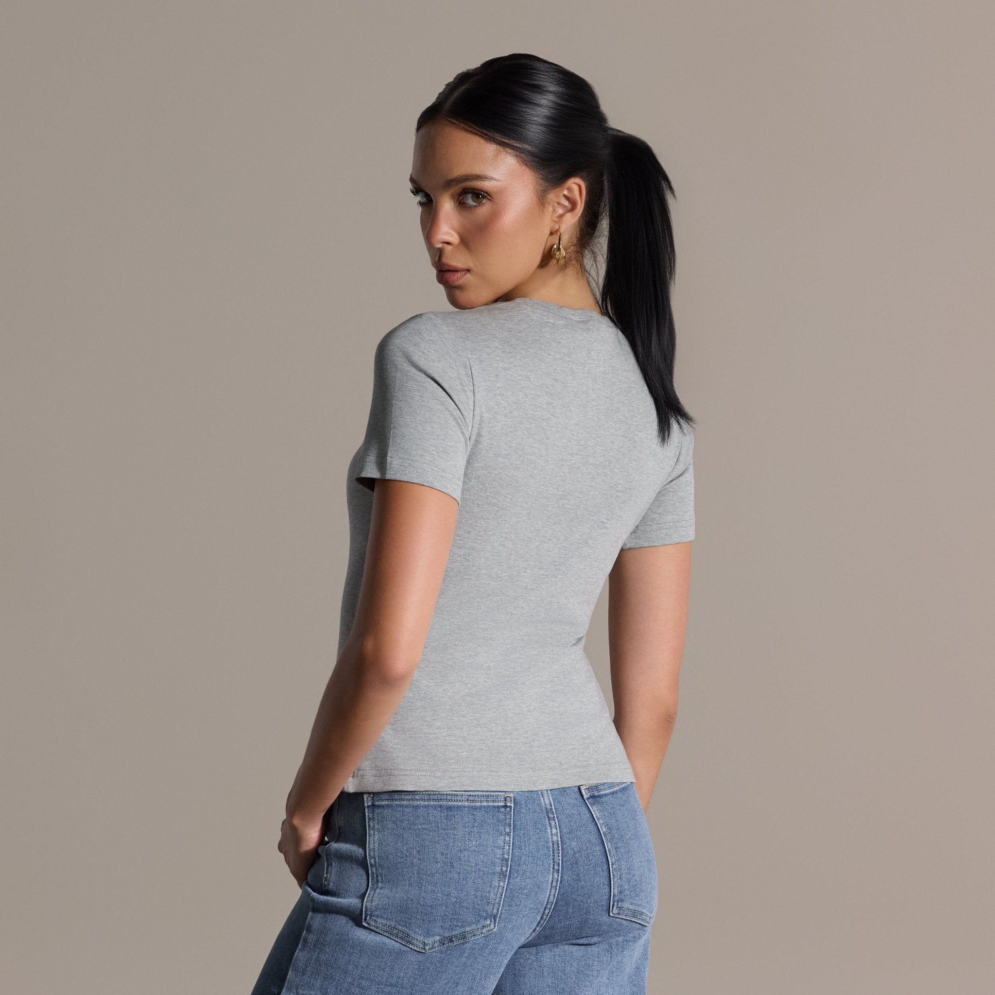 Gray Crew Neck Fitted T-Shirt - shopaleena