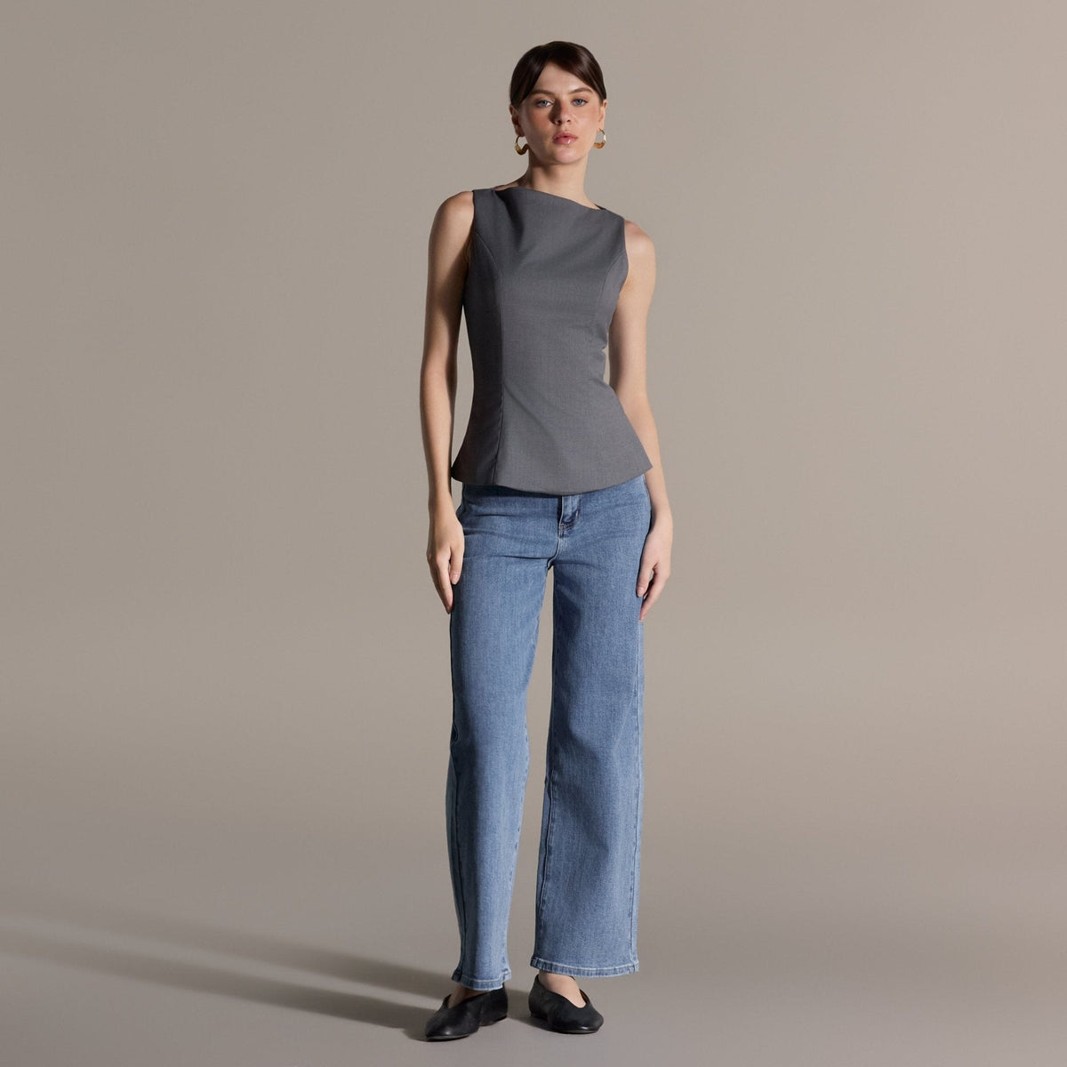 Gray Sleeveless Boat Neck Peplum Top - shopaleena