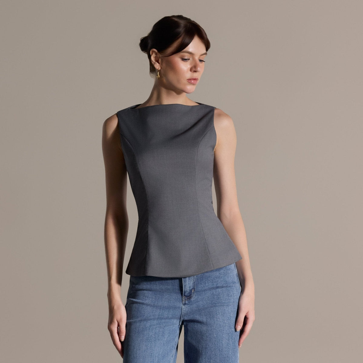 Gray Sleeveless Boat Neck Peplum Top - shopaleena