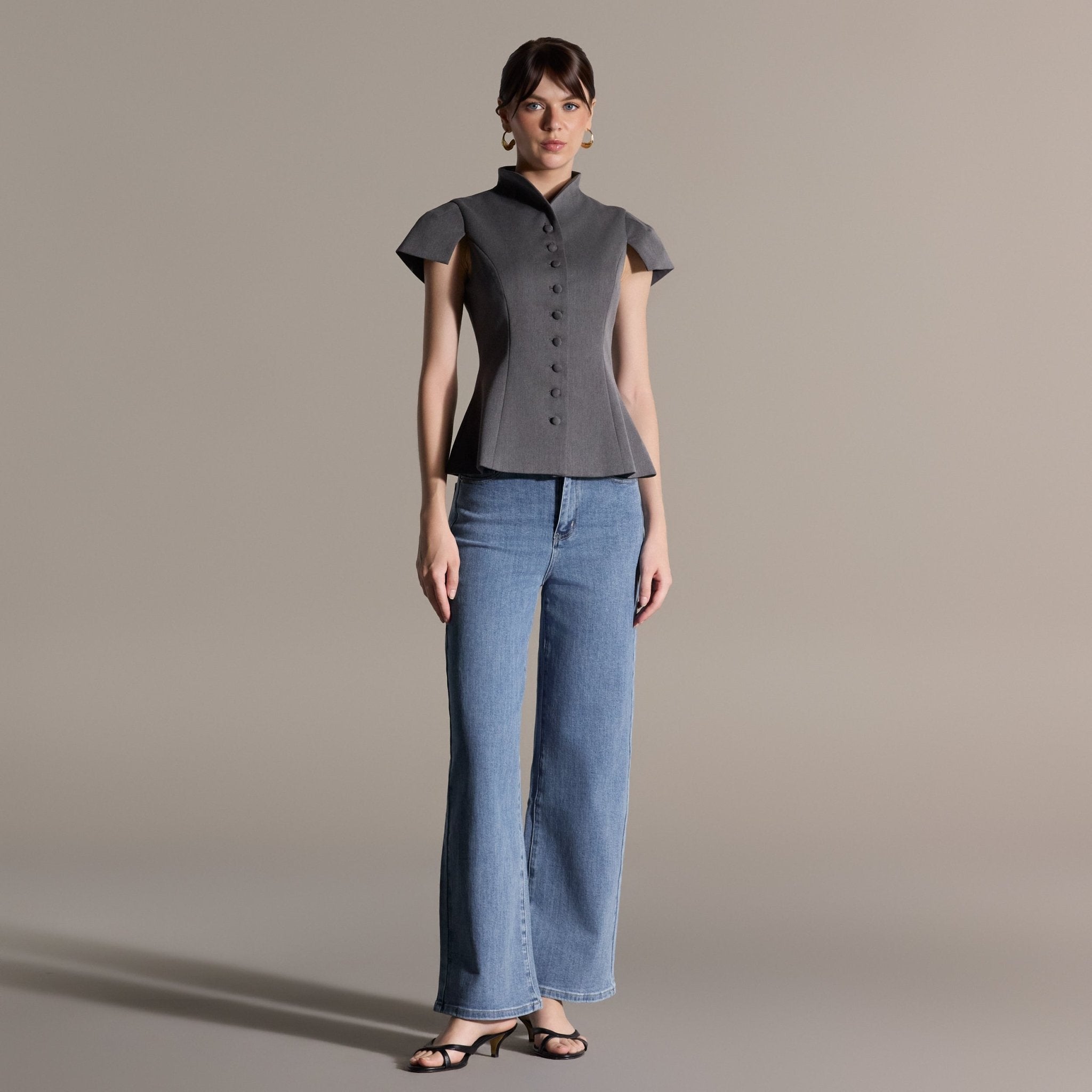 Gray Stand Collar Peplum Blouse - shopaleena