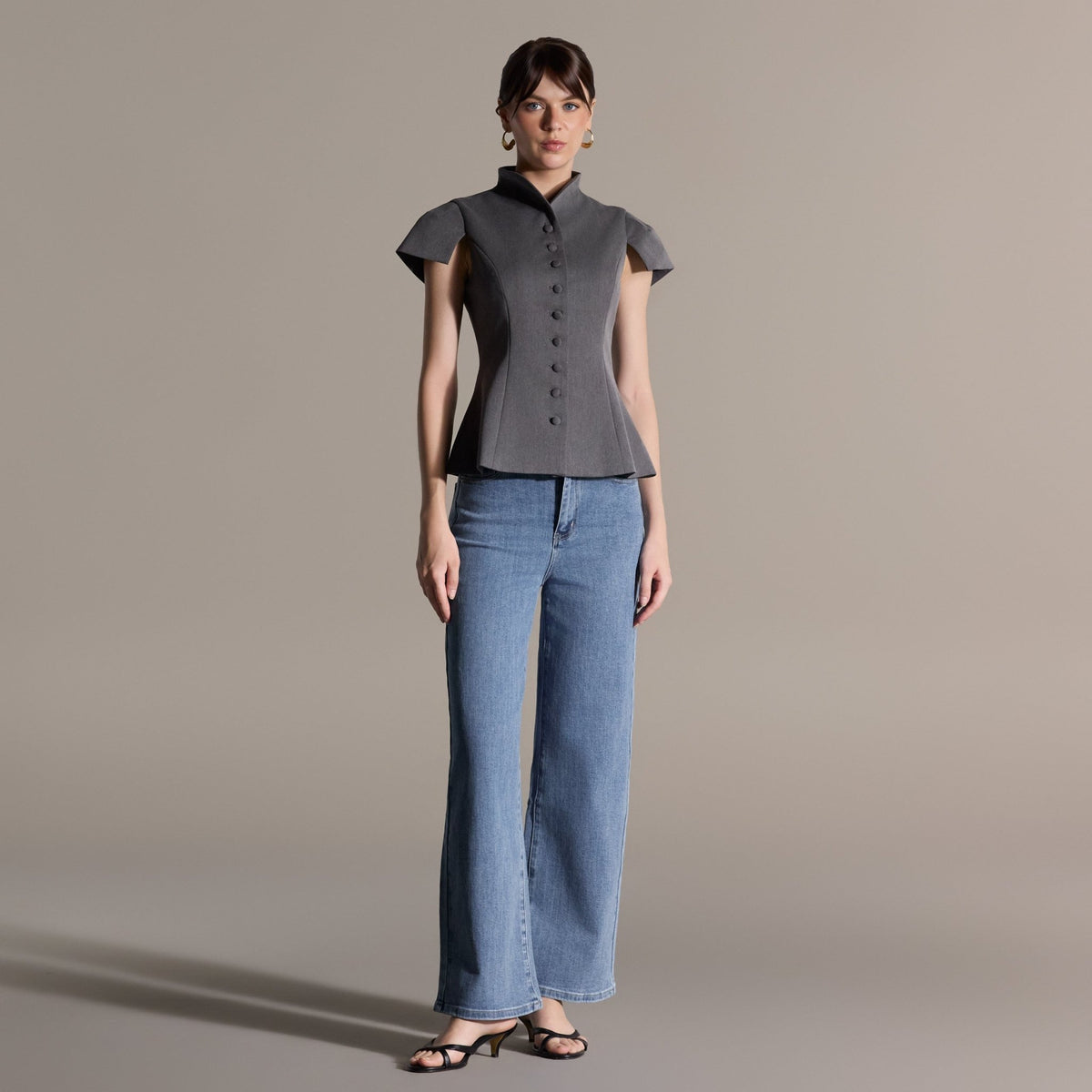 Gray Stand Collar Peplum Blouse - shopaleena
