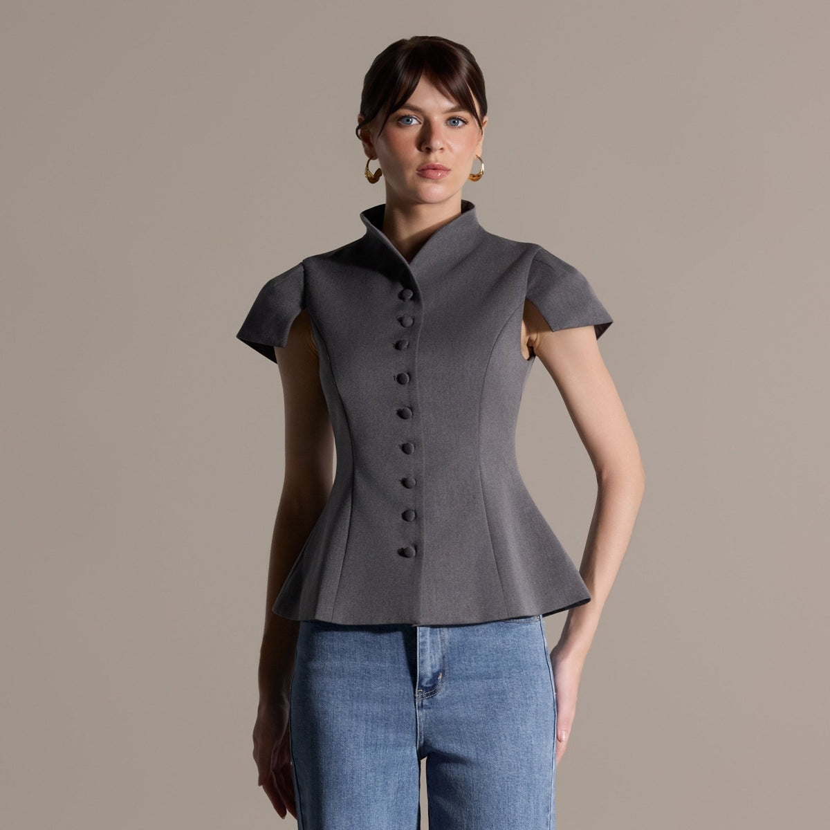 Gray Stand Collar Peplum Blouse - shopaleena
