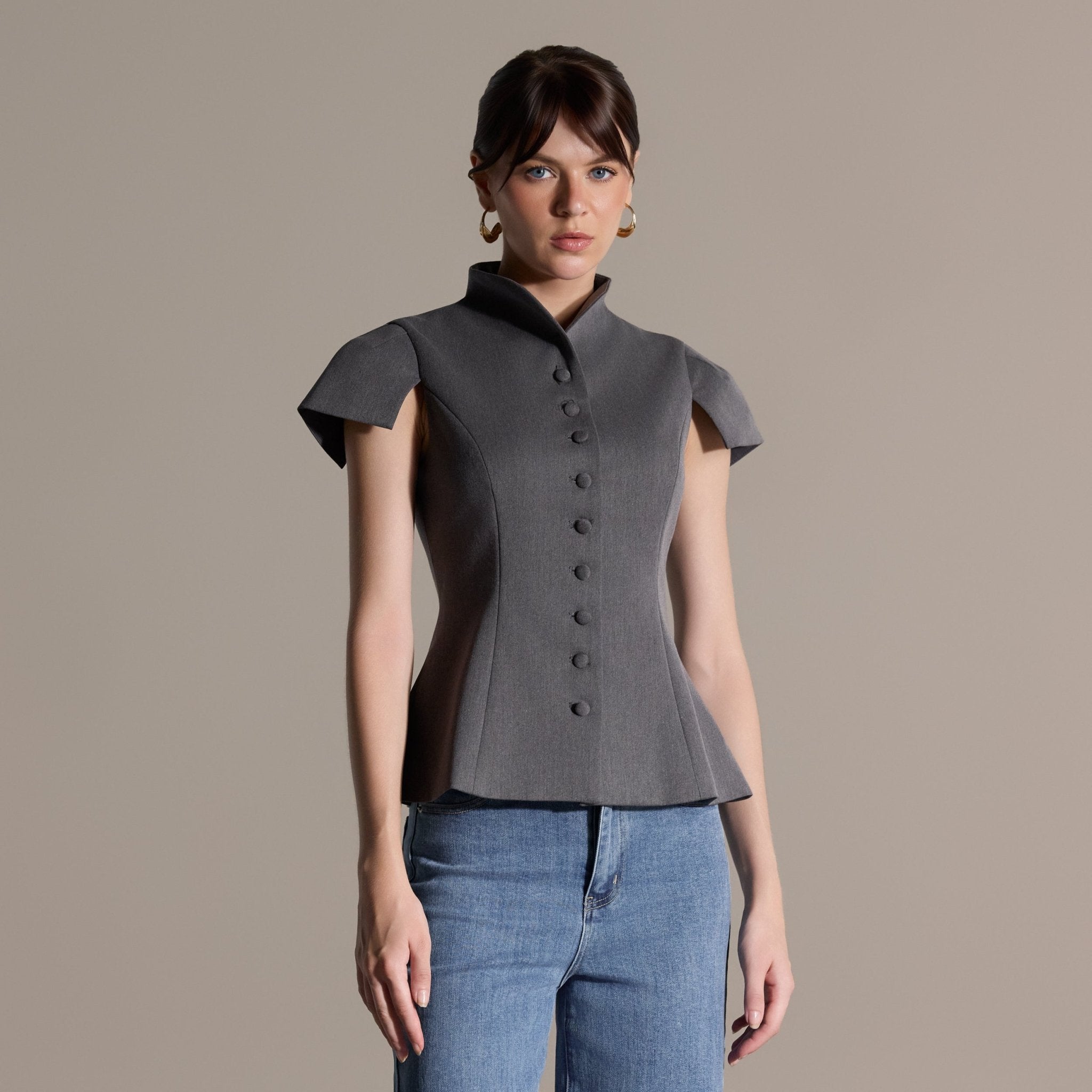 Gray Stand Collar Peplum Blouse - shopaleena