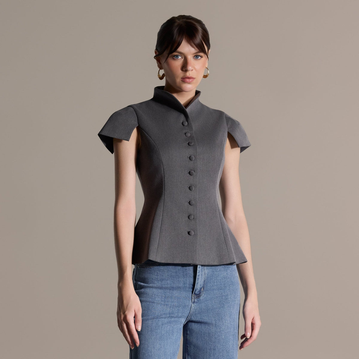 Gray Stand Collar Peplum Blouse - shopaleena