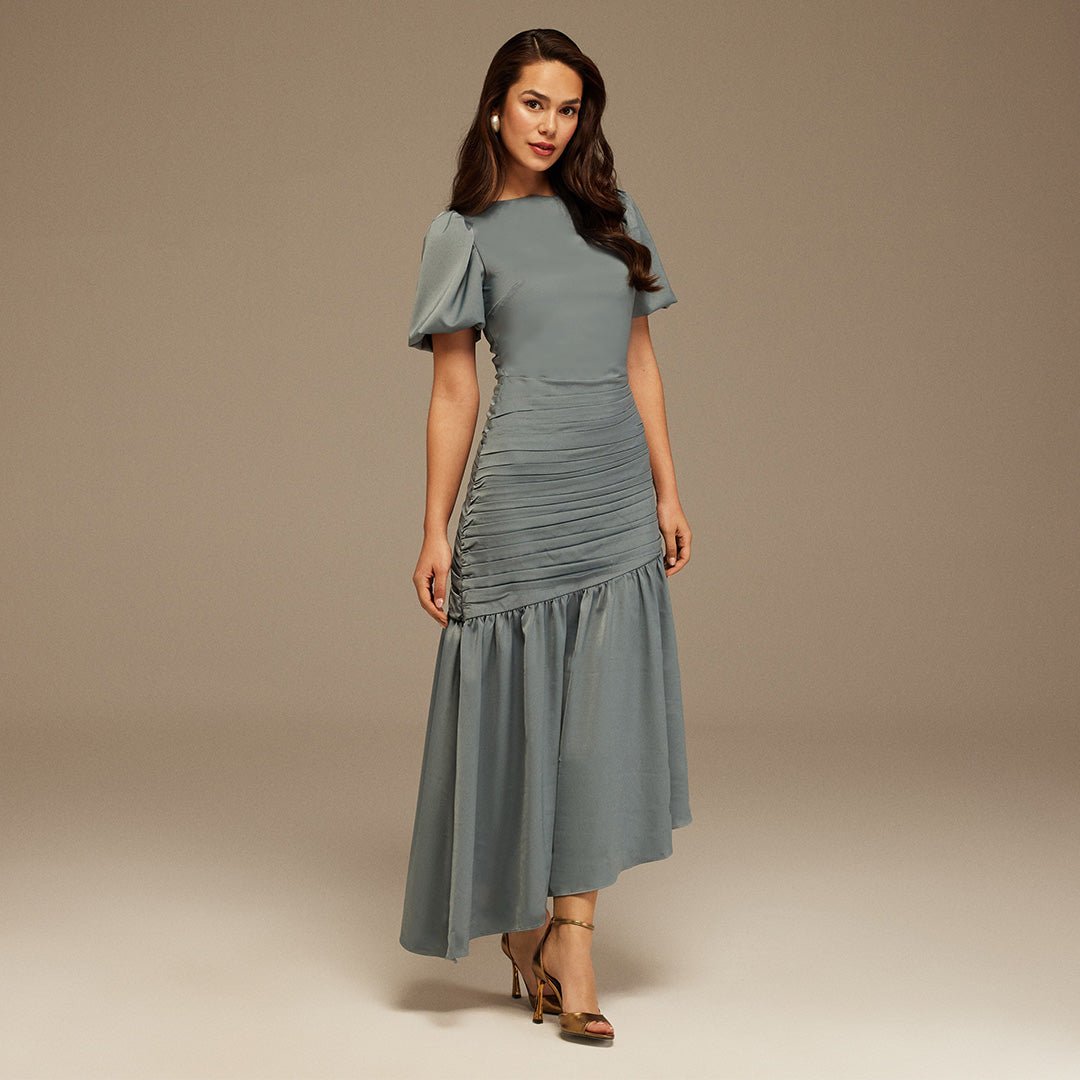 Grayish Blue Puff Short Sleeves With Asymmetrical Hem Dress - shopaleena