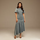 Grayish Blue Puff Short Sleeves With Asymmetrical Hem Dress - shopaleena