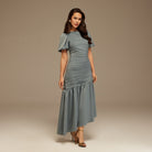 Grayish Blue Puff Short Sleeves With Asymmetrical Hem Dress - shopaleena