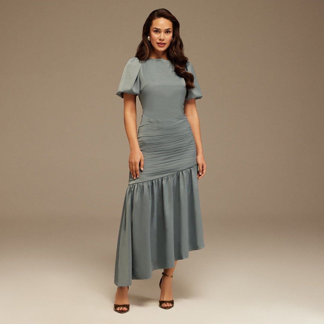 Grayish Blue Puff Short Sleeves With Asymmetrical Hem Dress - shopaleena