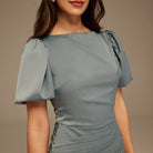 Grayish Blue Puff Short Sleeves With Asymmetrical Hem Dress - shopaleena