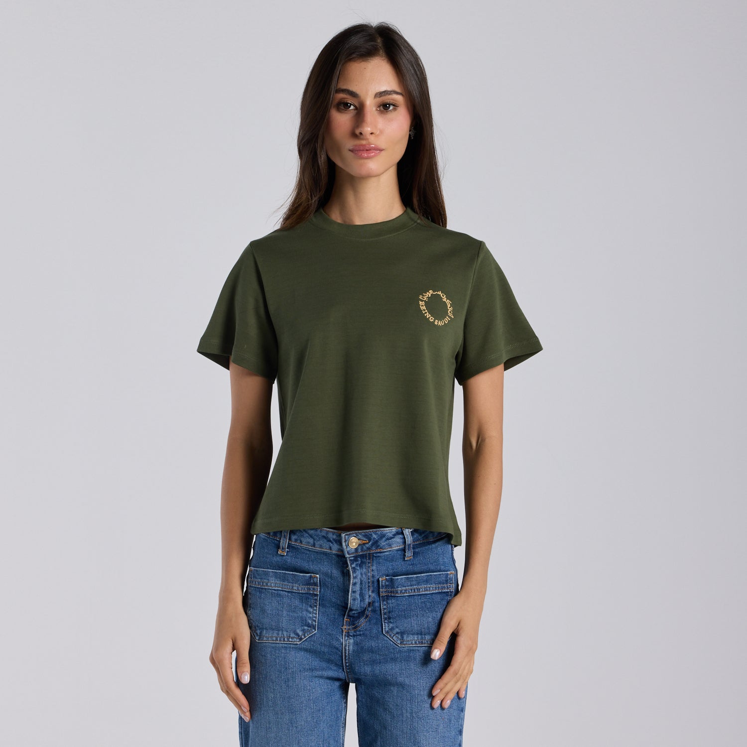 Green Being Saudi Embroidered Cotton T-shirt - shopaleena