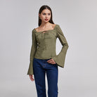 Green Cotton Square Neck Long Sleeve Top - shopaleena