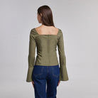 Green Cotton Square Neck Long Sleeve Top - shopaleena