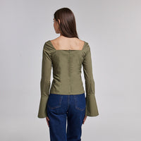 Green Cotton Square Neck Long Sleeve Top - shopaleena