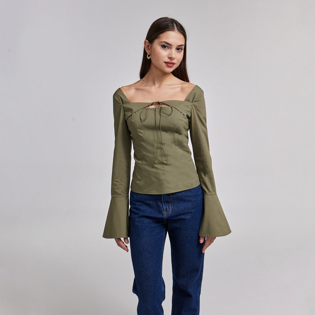 Green Cotton Square Neck Long Sleeve Top - shopaleena