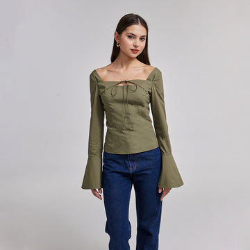 Green Cotton Square Neck Long Sleeve Top - shopaleena