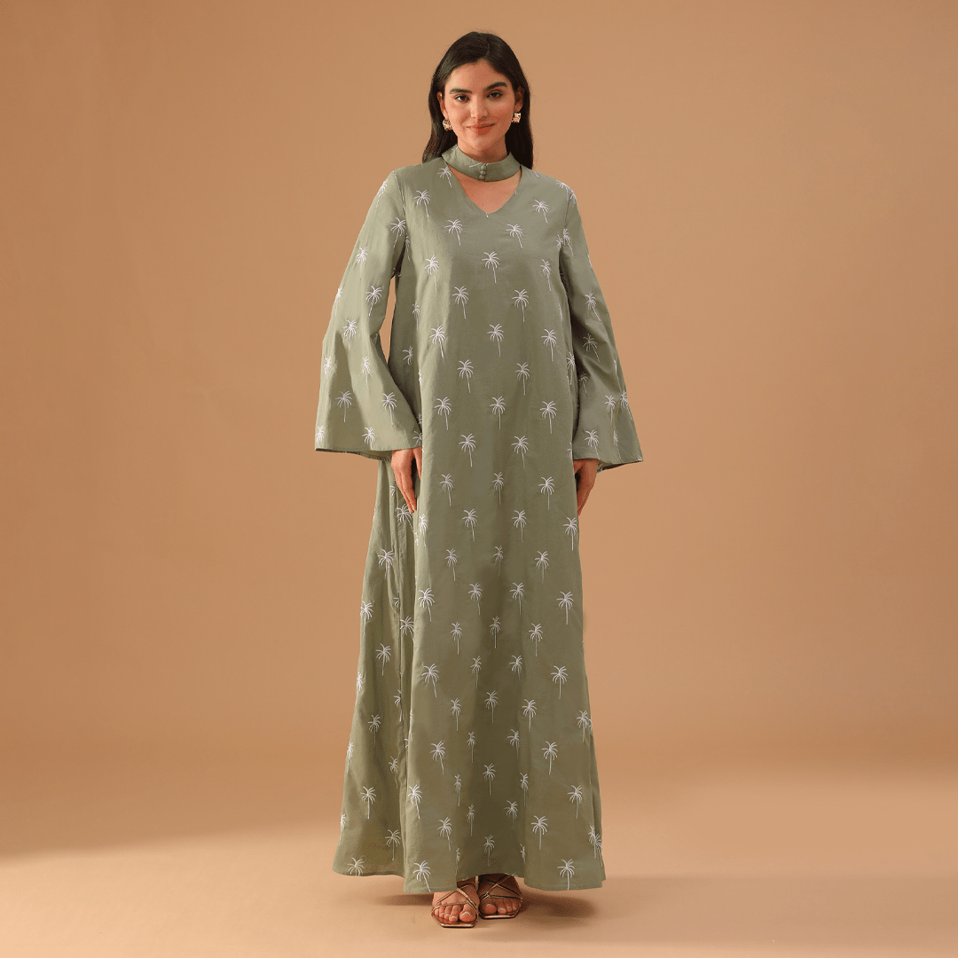 Green Fully Embroidered Long Sleeve Kaftan - shopaleena