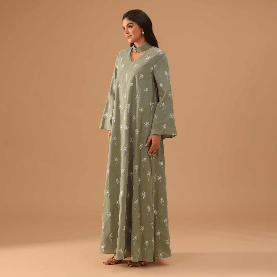 Green Fully Embroidered Long Sleeve Kaftan - shopaleena