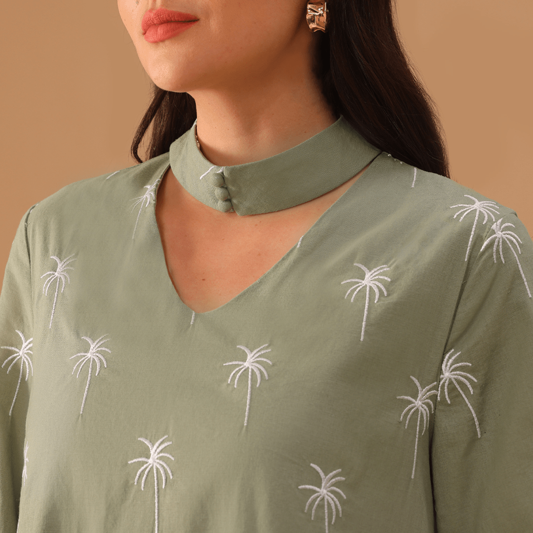 Green Fully Embroidered Long Sleeve Kaftan - shopaleena