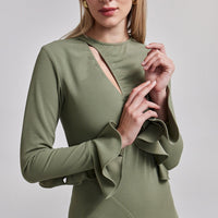 Green Gathered Chest Crepe Midi Dress - shopaleena