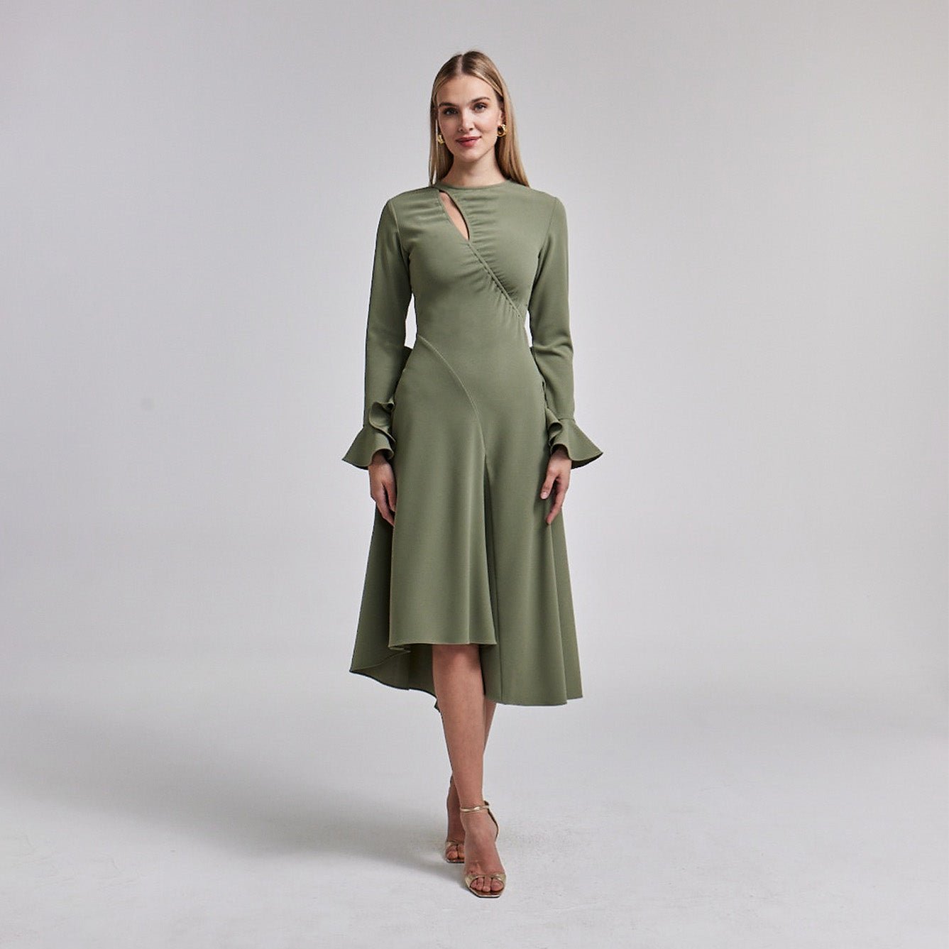 Green Gathered Chest Crepe Midi Dress - shopaleena